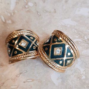 VTG Burberry Signed Burberrys Gold Tone & Green Clear Stone Clip On Earr…